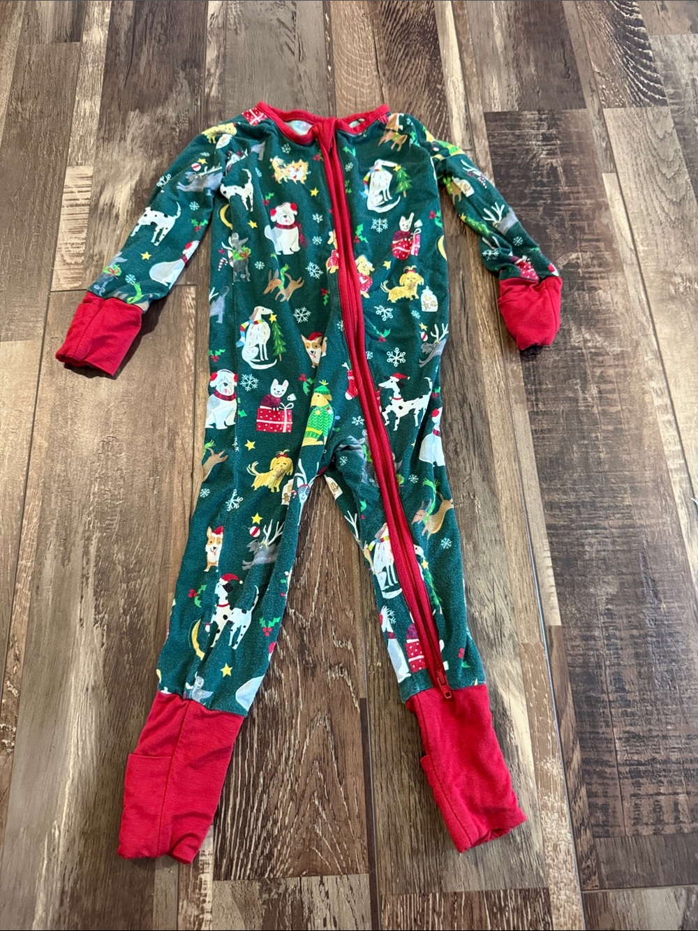 Little Sleepies Green Holiday Animal Print Footie with Red Trim